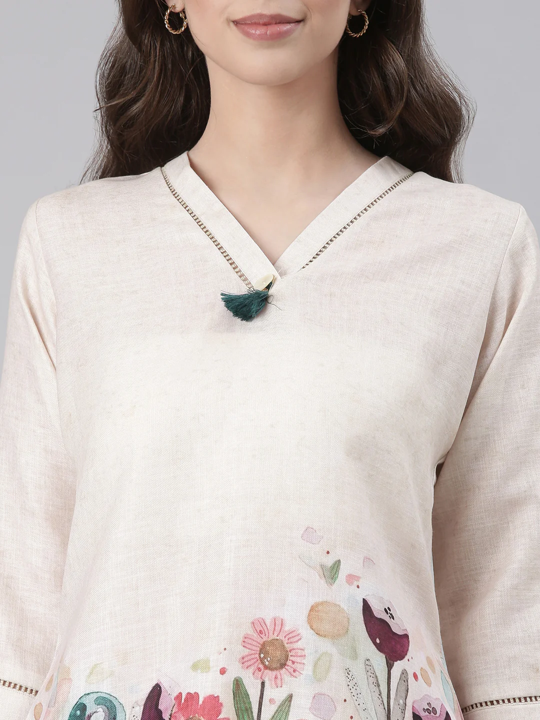 Neerus Cream Casual Printed Kurti with Trousers - Image 4