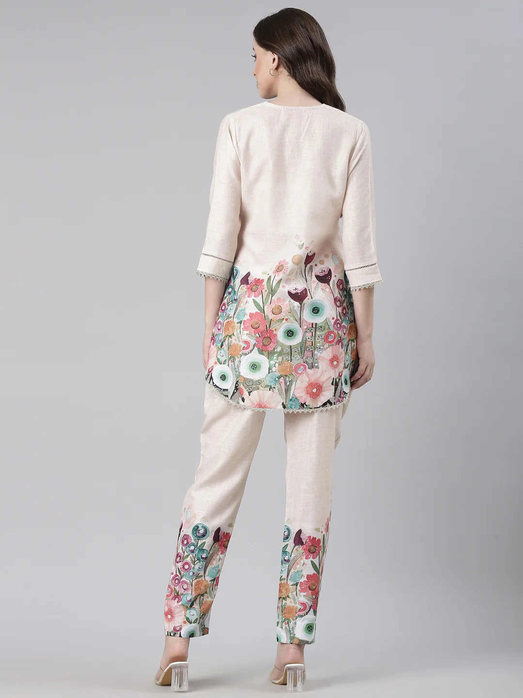 Neerus Cream Casual Printed Kurti with Trousers - Image 5
