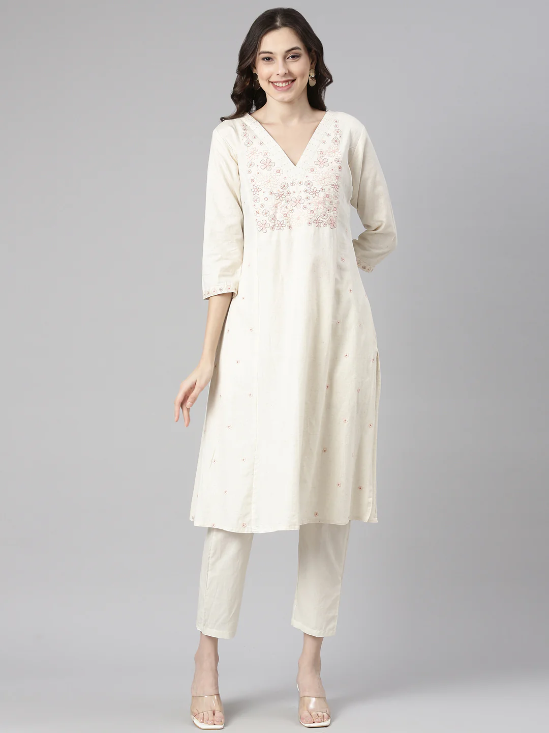 Neerus Cream Casual Solid Straight Kurta