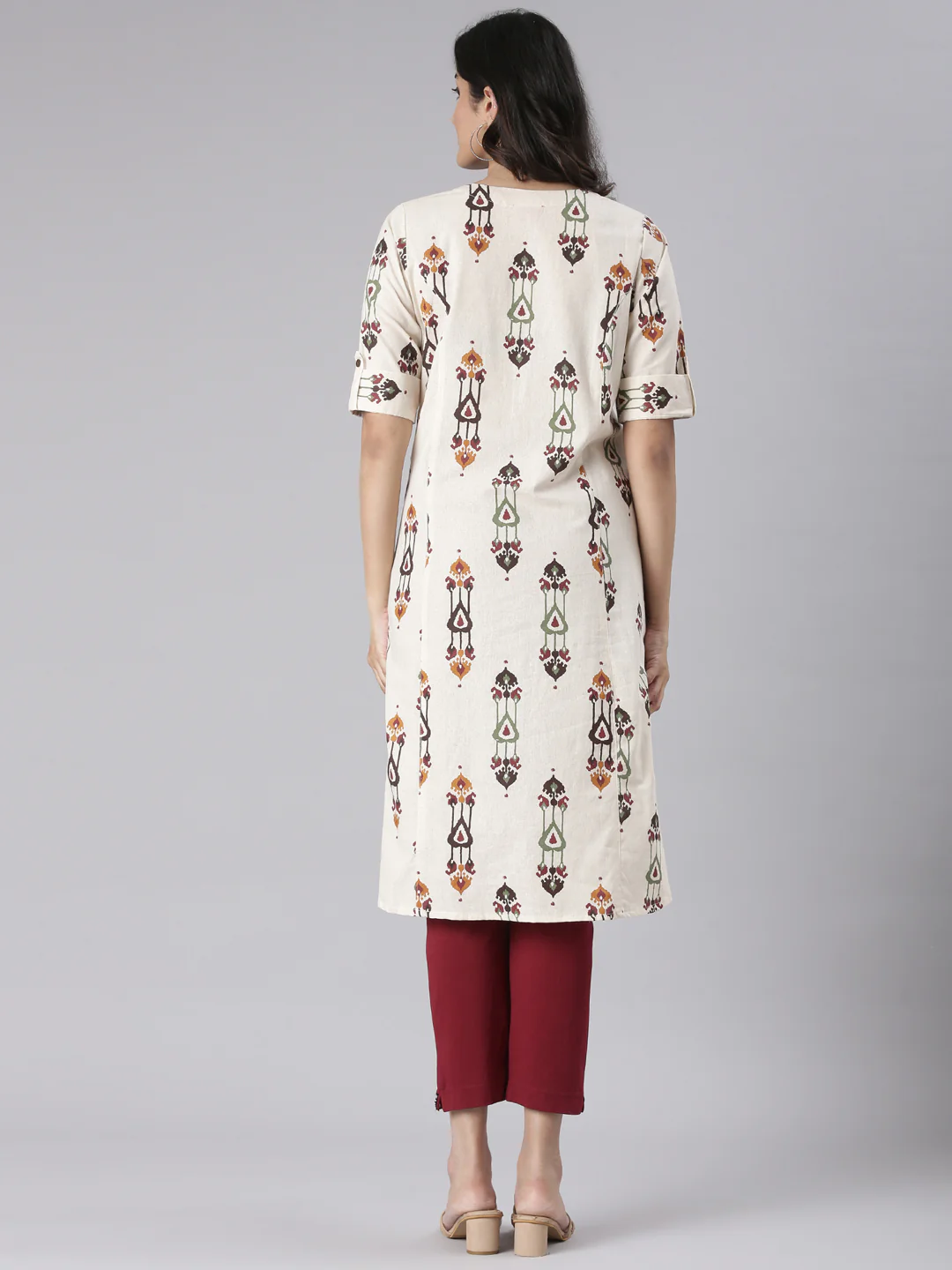 Neerus Cream Casual Tribal Straight Kurta - Image 3