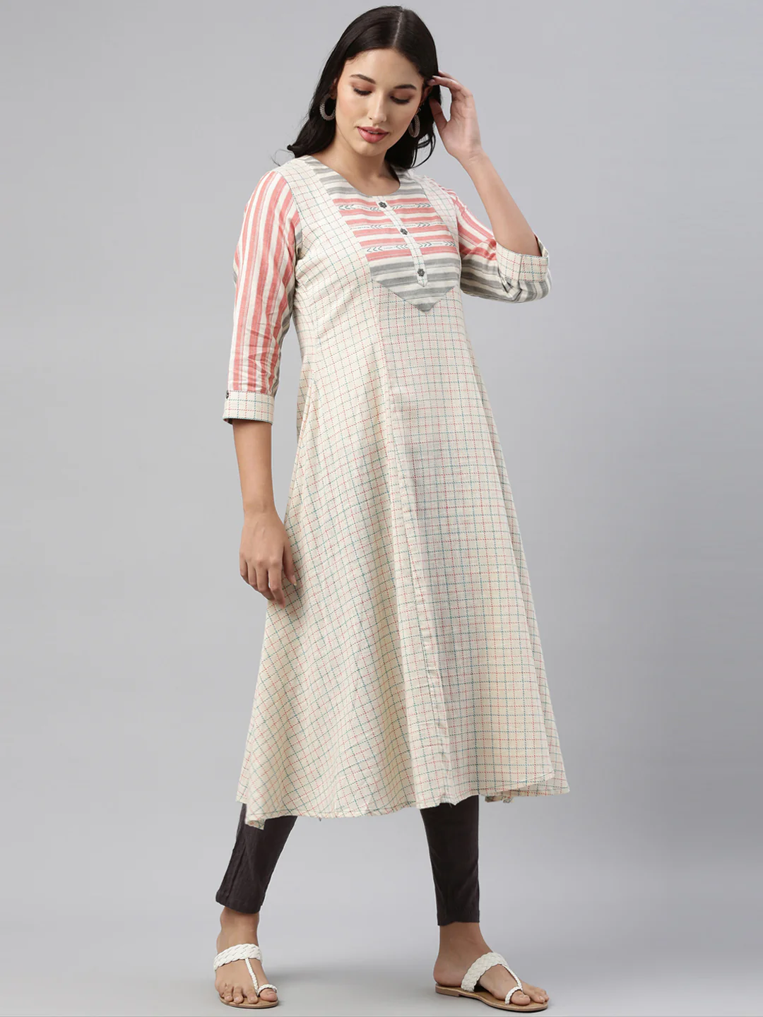 Neerus Cream Check A Line Kurta - Image 4