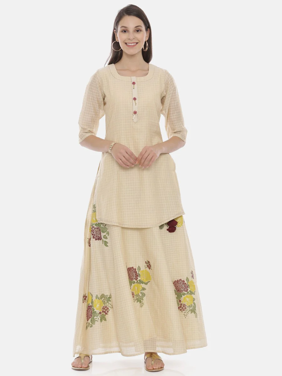 Neerus Cream Check Straight Kurta