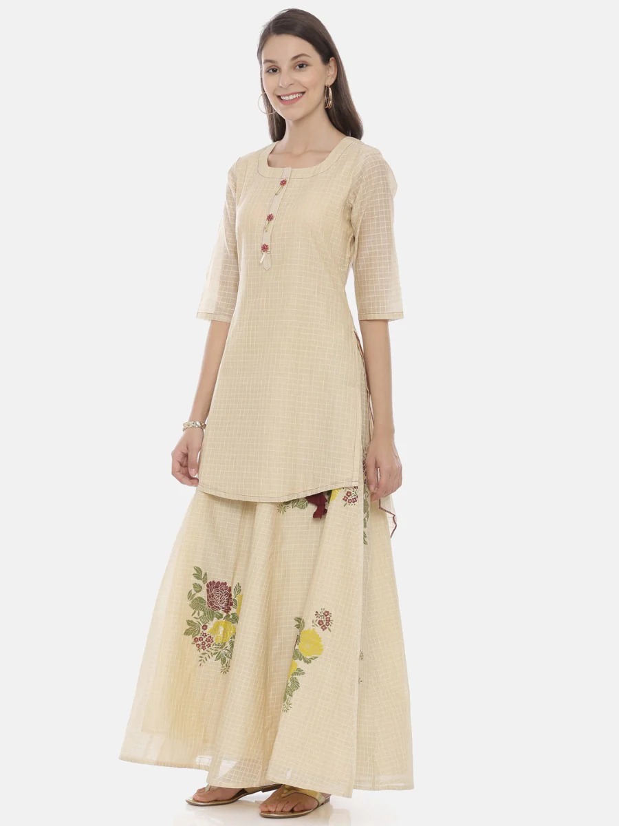 Neerus Cream Check Straight Kurta - Image 3