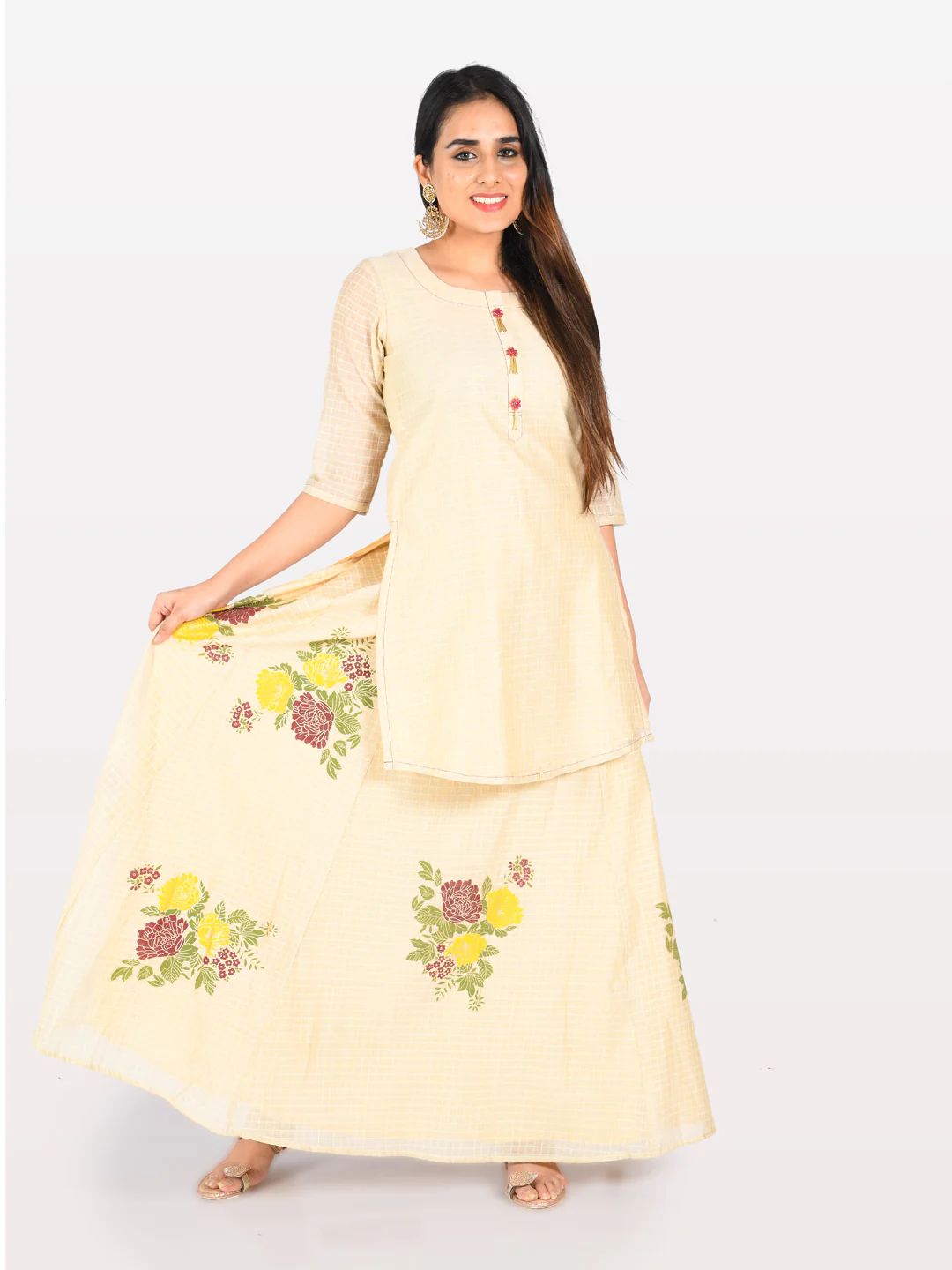 Neerus Cream Check Straight Kurta - Image 8