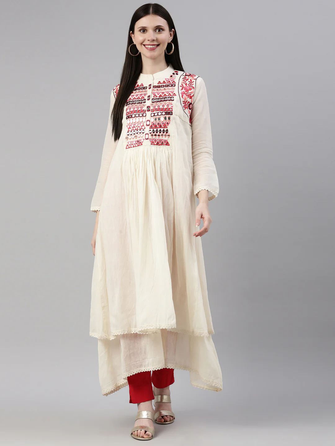 Neerus Cream Color Chanderi Fabric Kurta