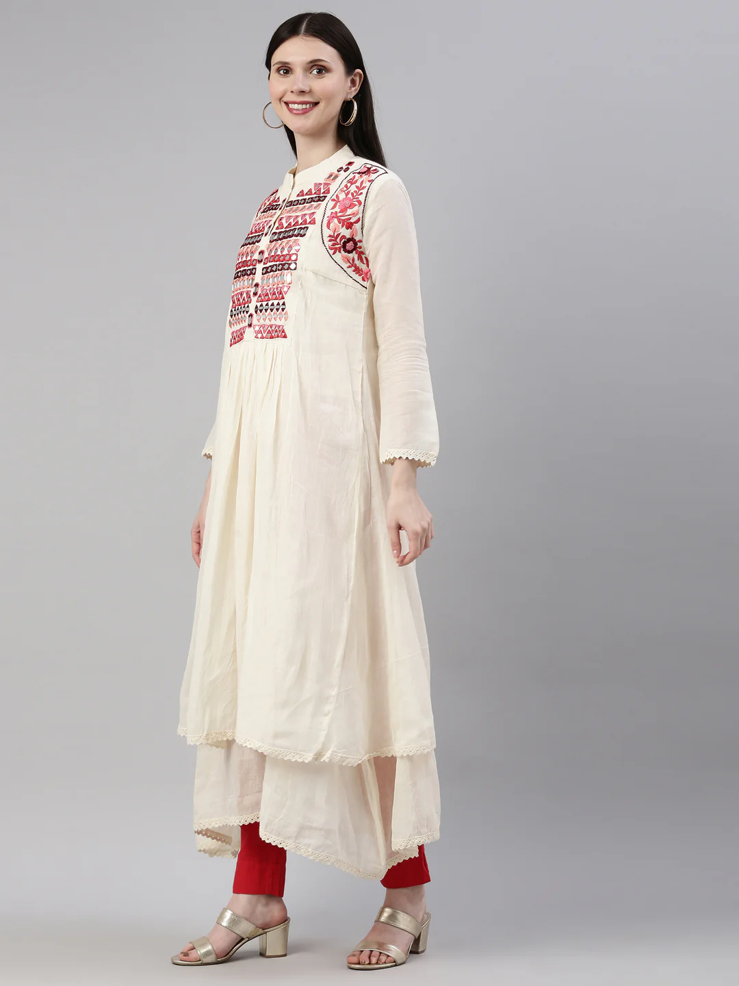 Neerus Cream Color Chanderi Fabric Kurta - Image 3