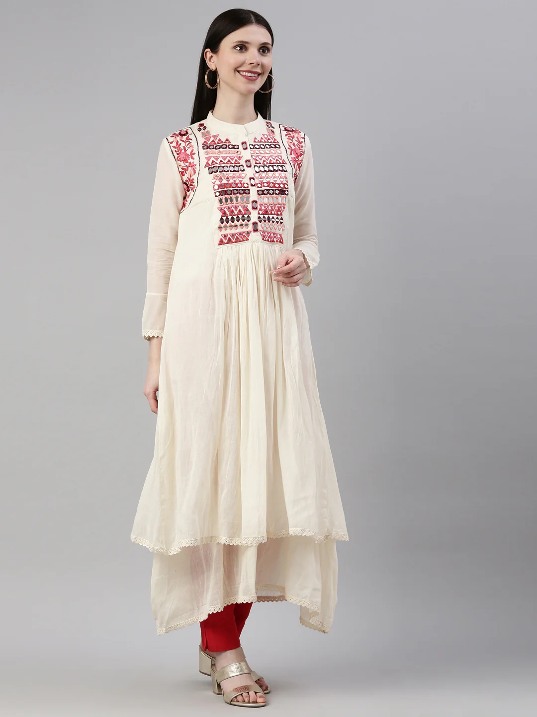 Neerus Cream Color Chanderi Fabric Kurta - Image 4