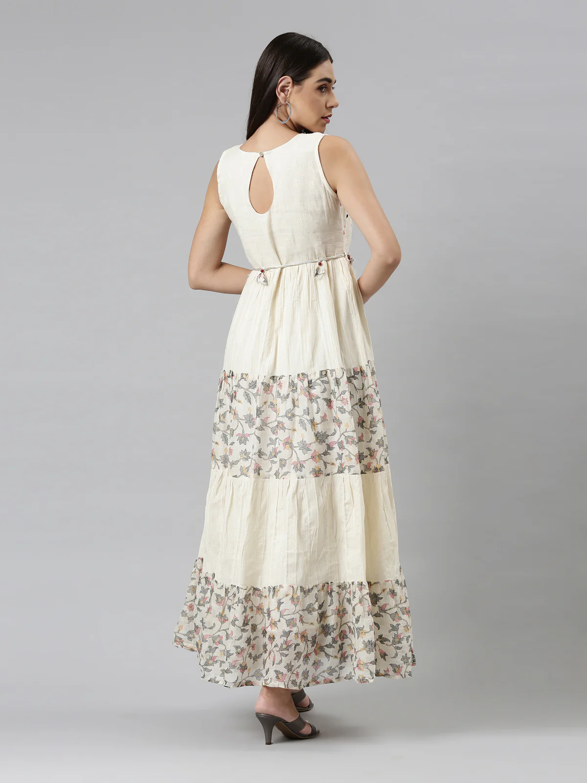 Neerus Cream Color Cotton Fabric Dress - Image 3