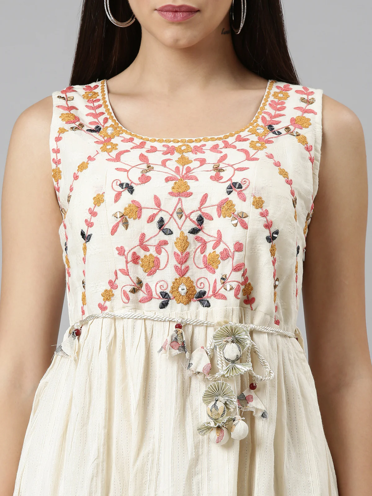 Neerus Cream Color Cotton Fabric Dress - Image 4