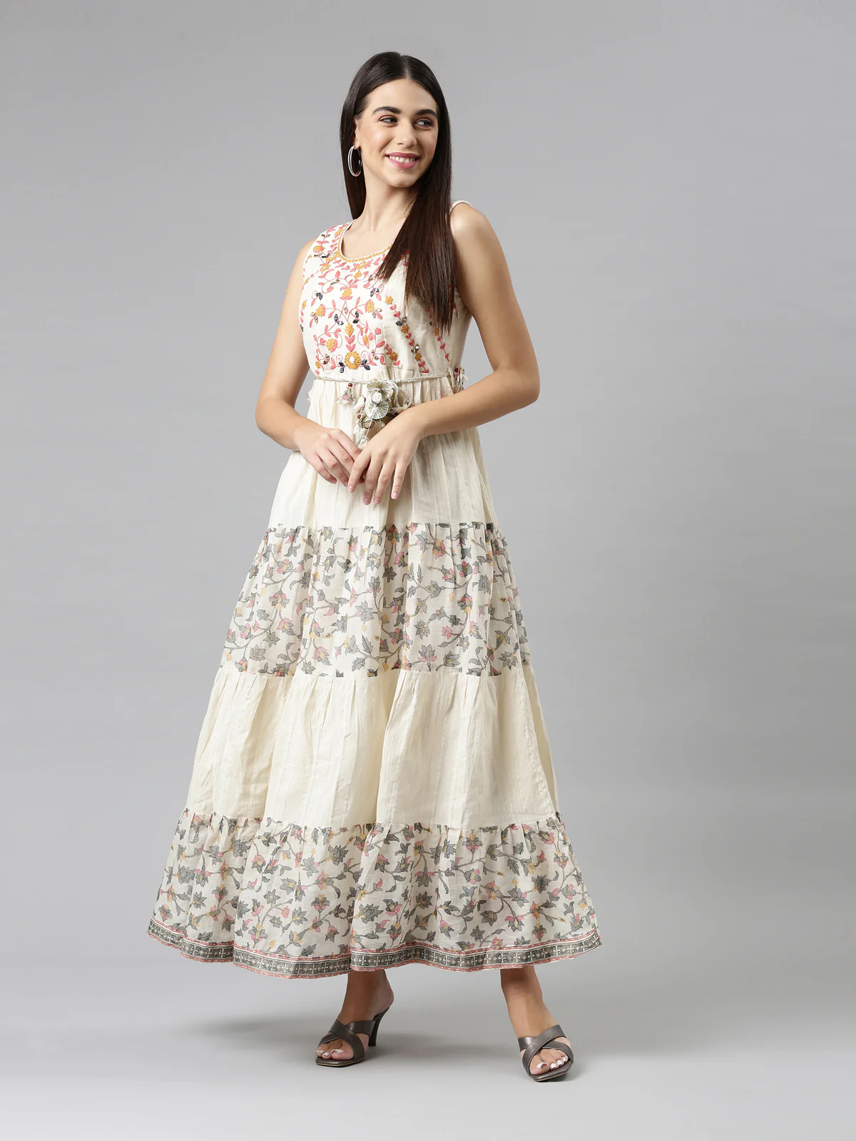 Neerus Cream Color Cotton Fabric Dress - Image 5