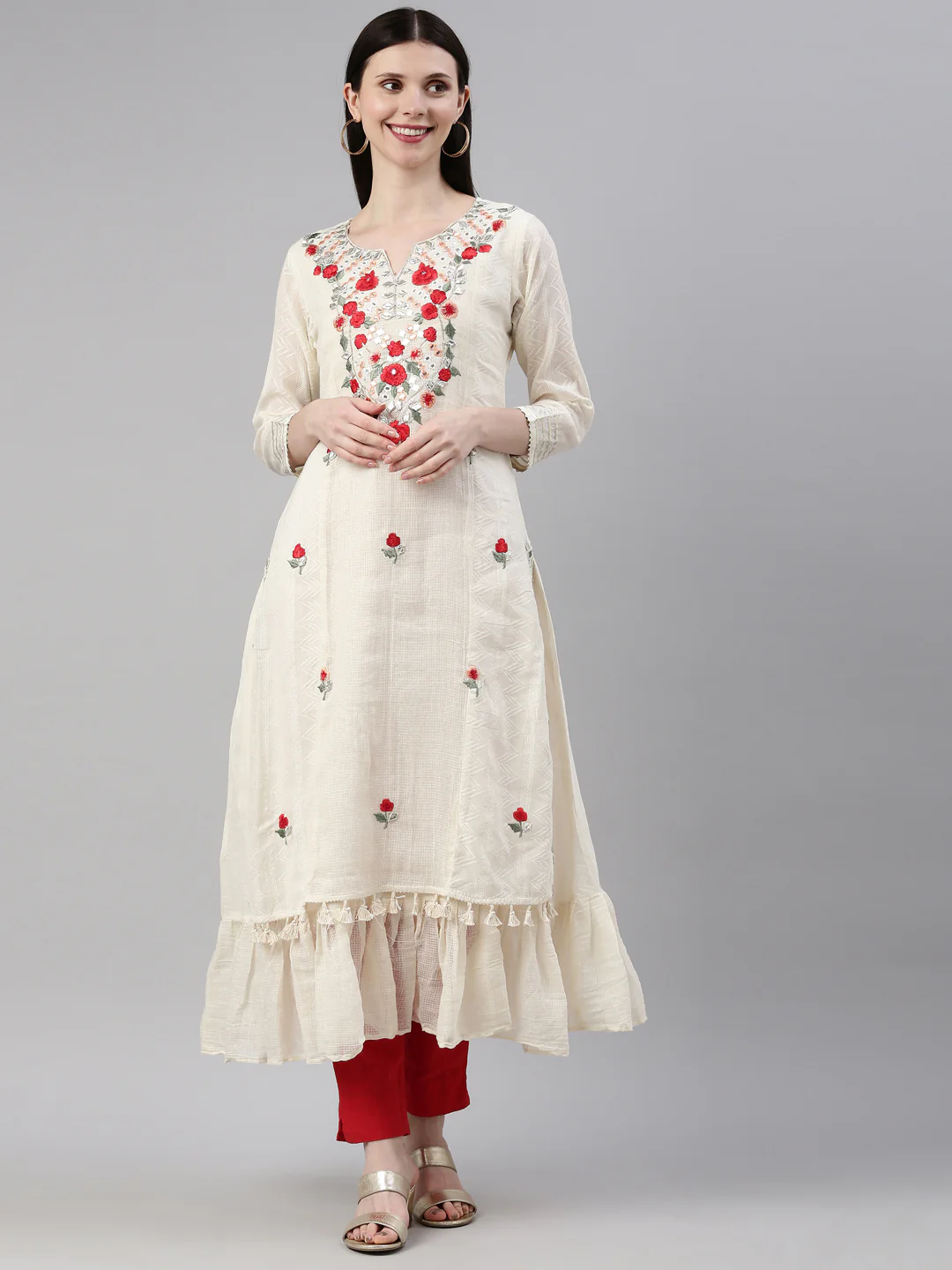 Neerus Cream Color Cotton Fabric Kurta