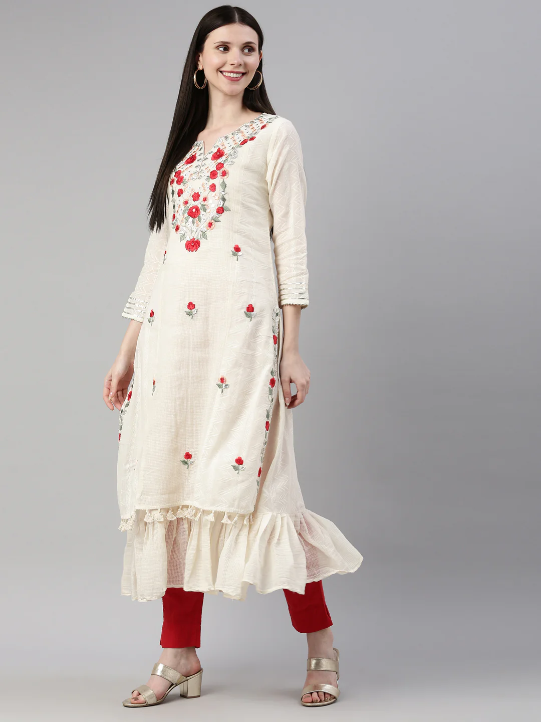 Neerus Cream Color Cotton Fabric Kurta - Image 6