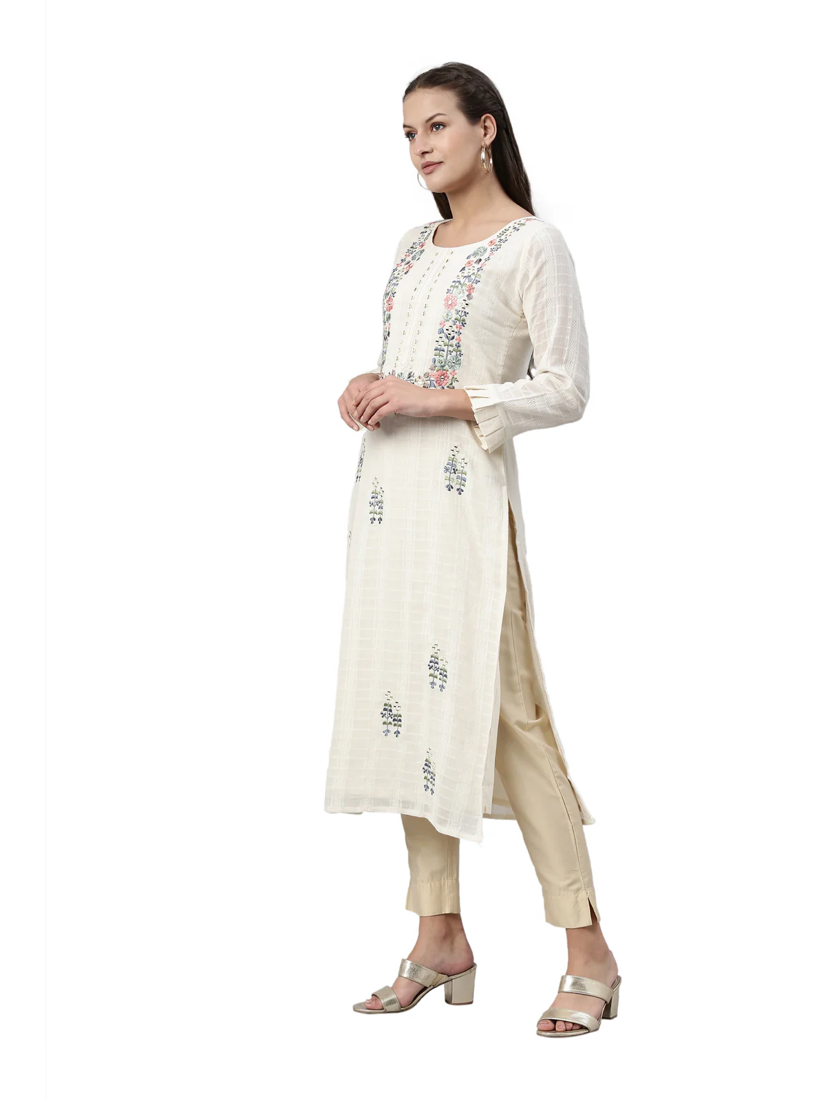 Neerus Cream Color Cotton Fabric Kurta - Image 3