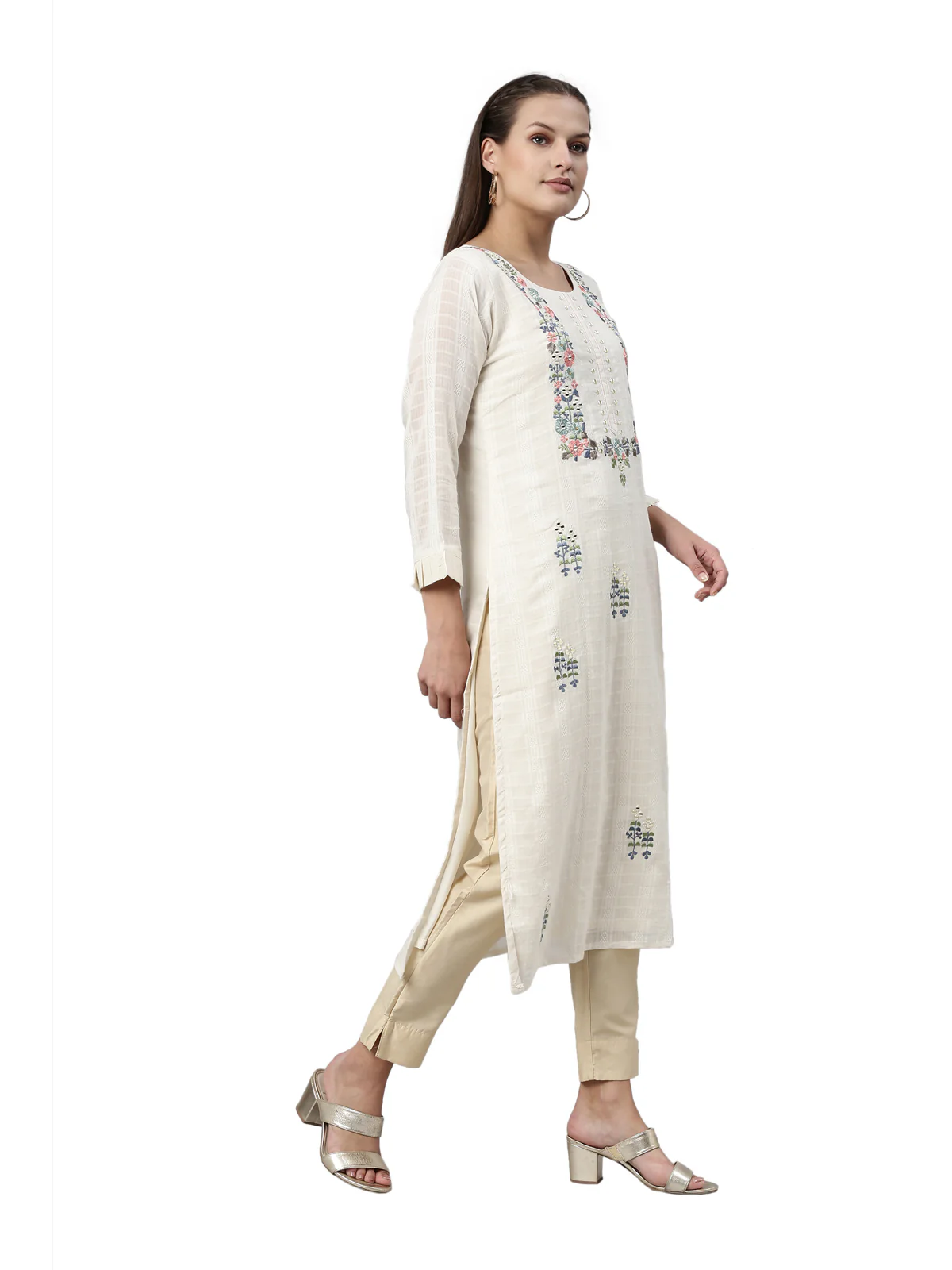 Neerus Cream Color Cotton Fabric Kurta - Image 4