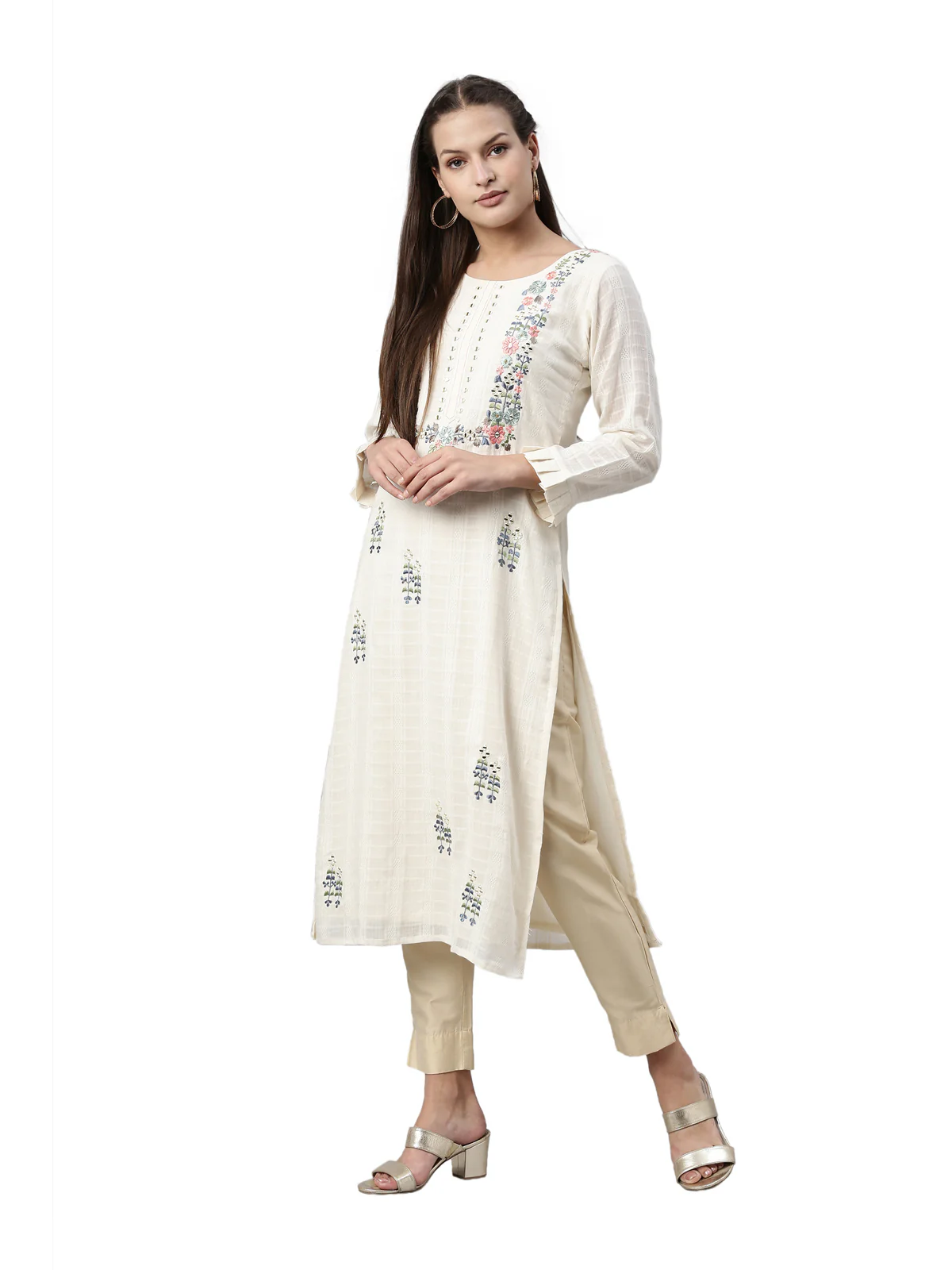 Neerus Cream Color Cotton Fabric Kurta - Image 6