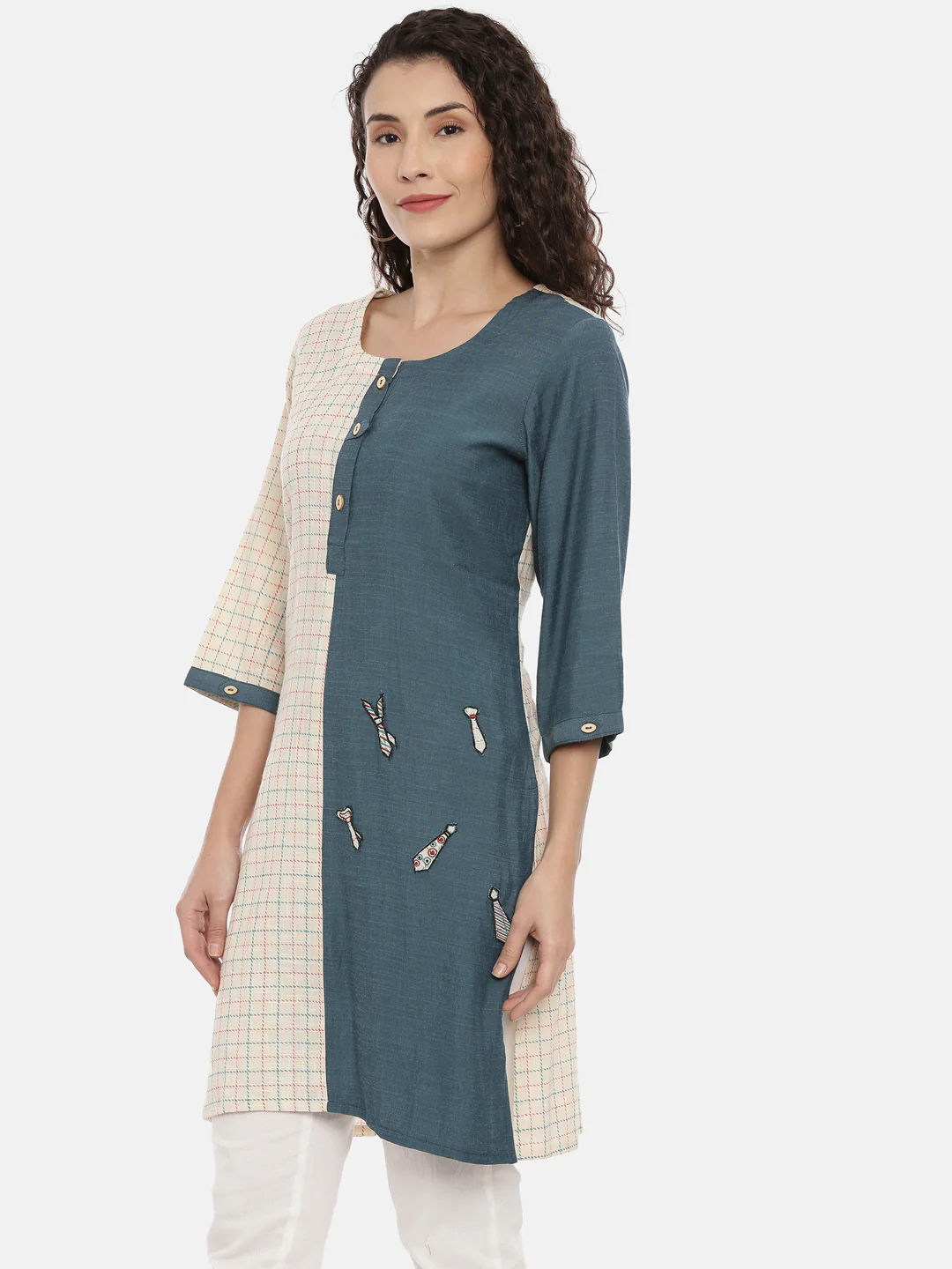 Neerus Cream Color Cotton Fabric Kurta - Image 3