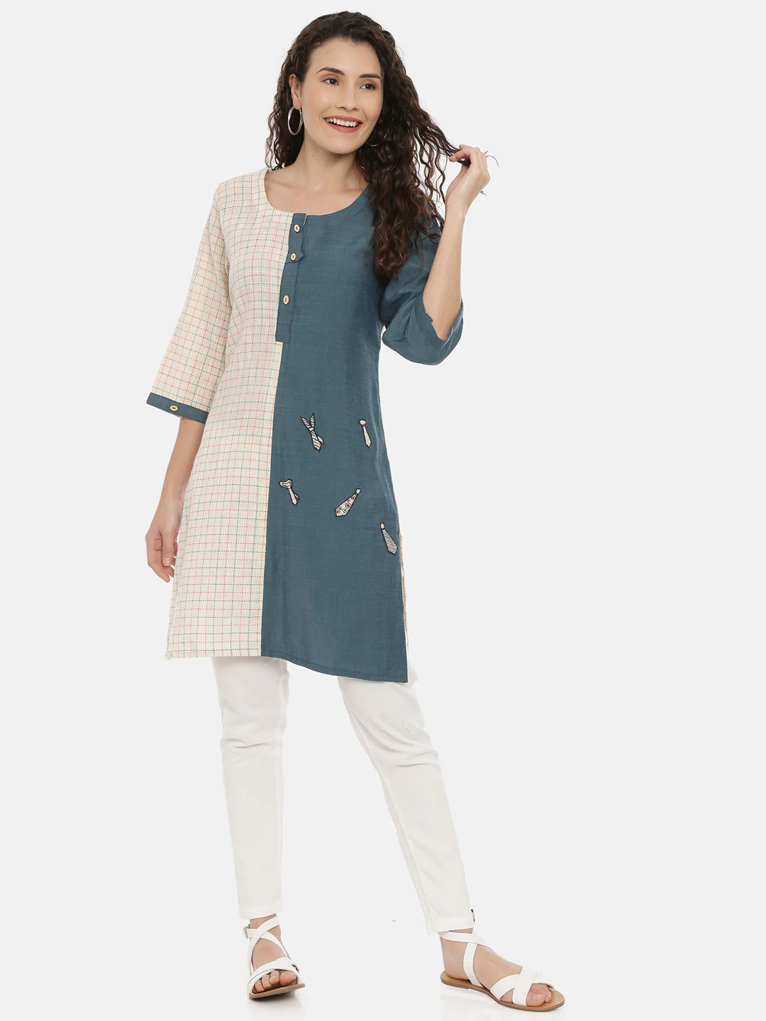 Neerus Cream Color Cotton Fabric Kurta - Image 5