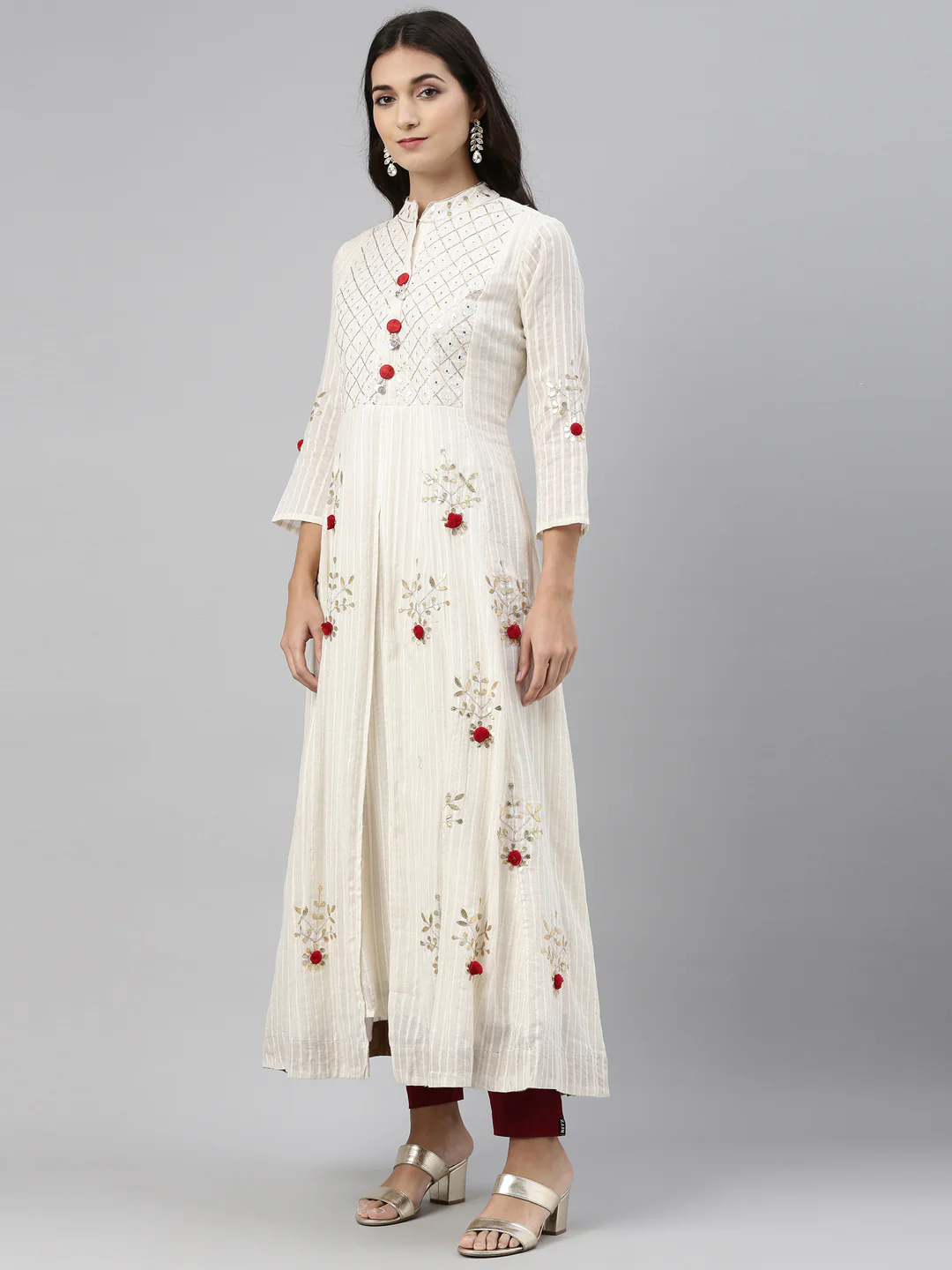 Neerus Cream Color Cotton Fabric Tunic - Image 2