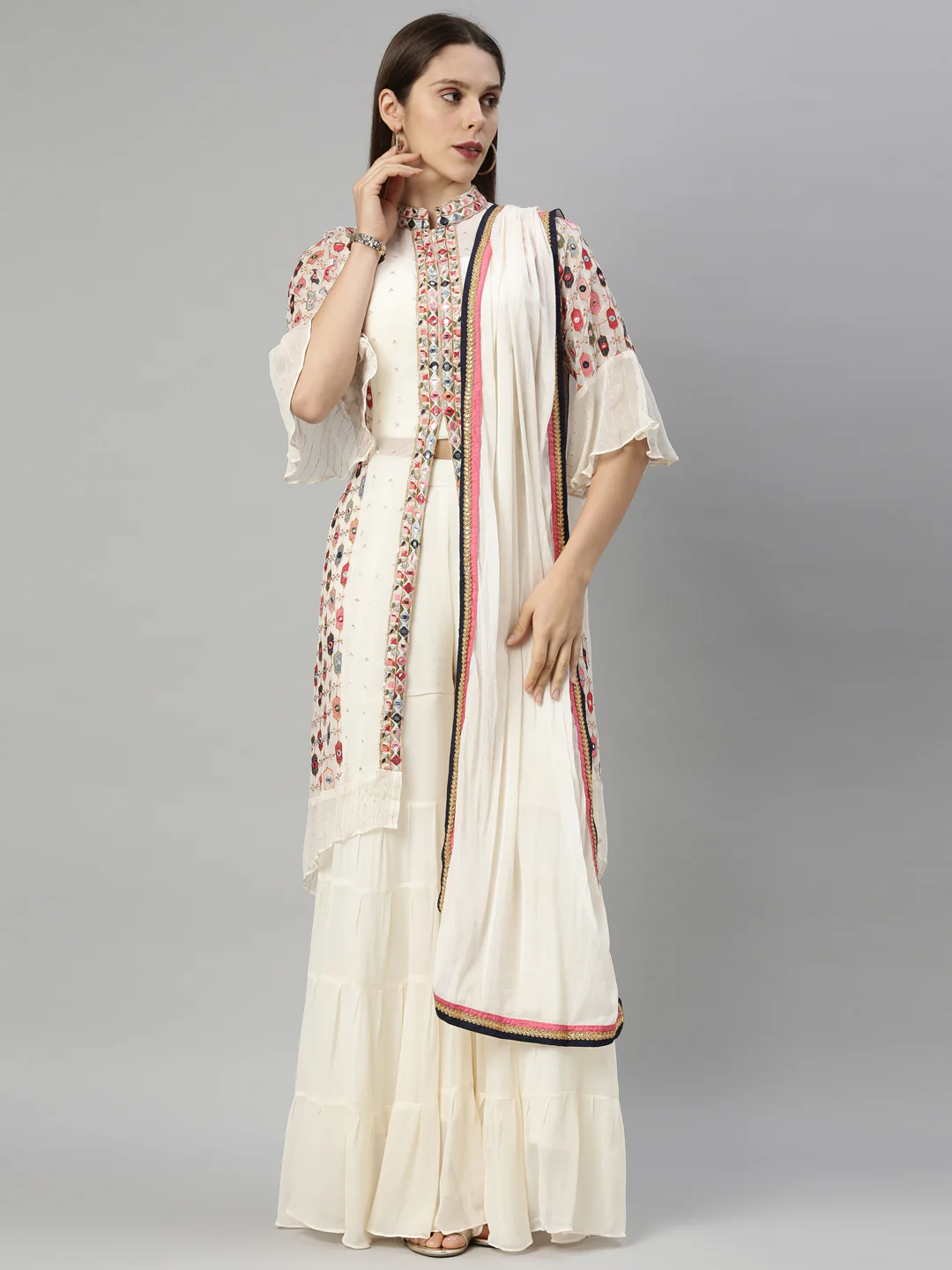 Neerus Cream Color Georgette Fabric Suit-Gharara - Image 10