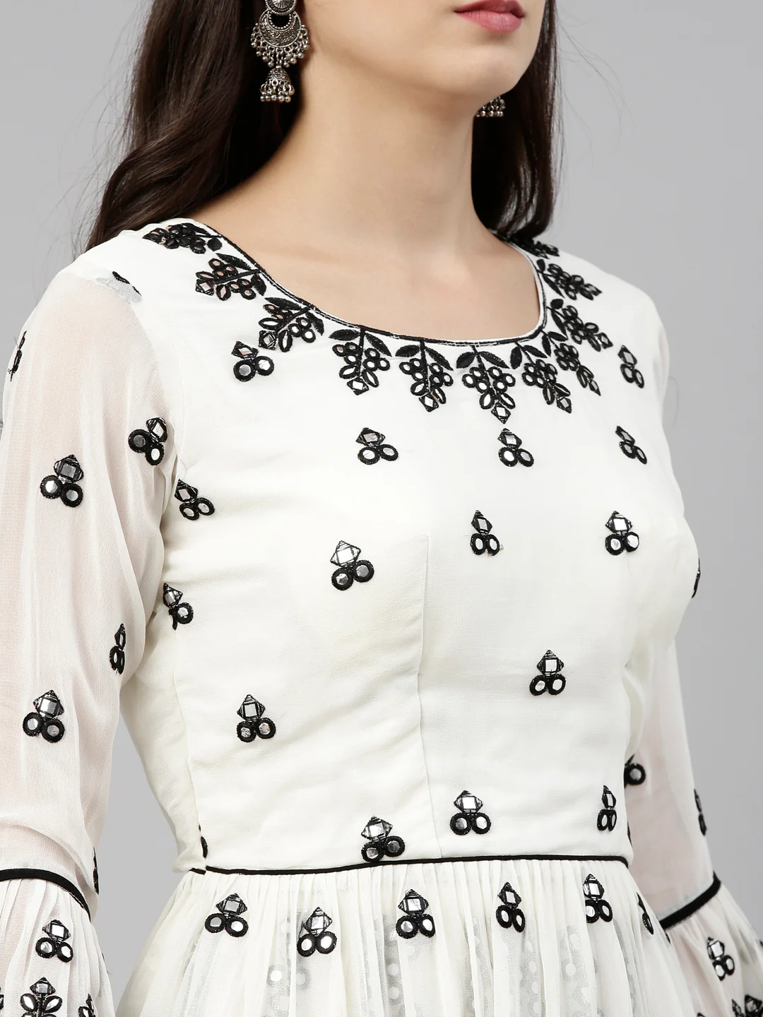 Neerus Cream Color Mercerized Fabric Suit-Short Anarkali - Image 3