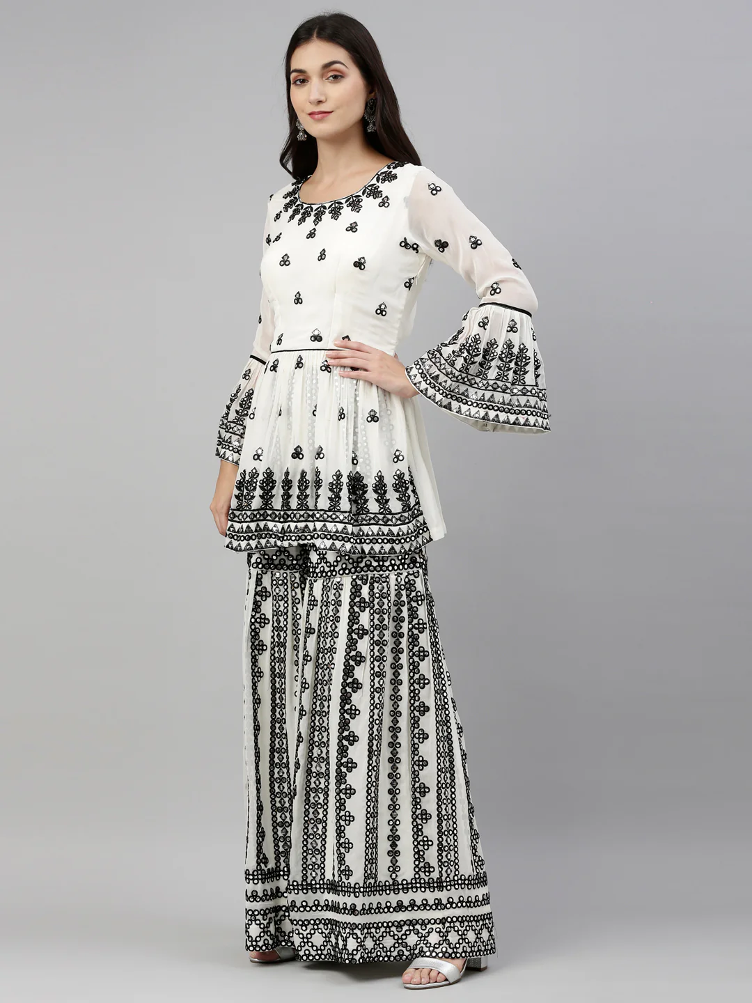 Neerus Cream Color Mercerized Fabric Suit-Short Anarkali - Image 6