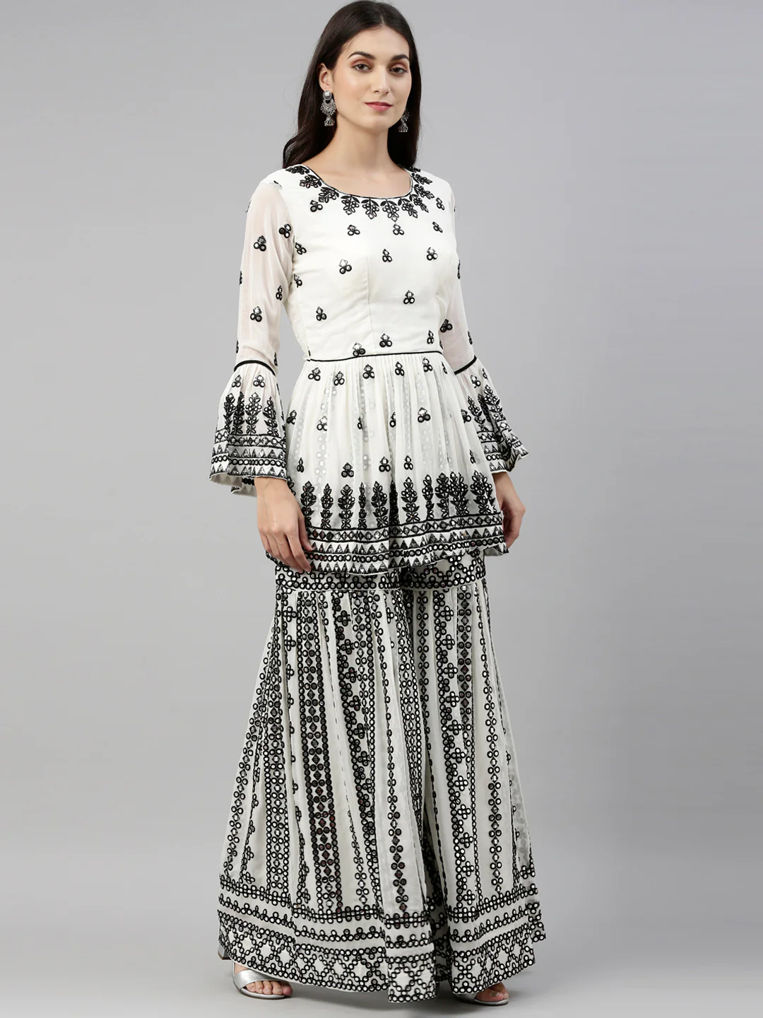 Neerus Cream Color Mercerized Fabric Suit-Short Anarkali - Image 7