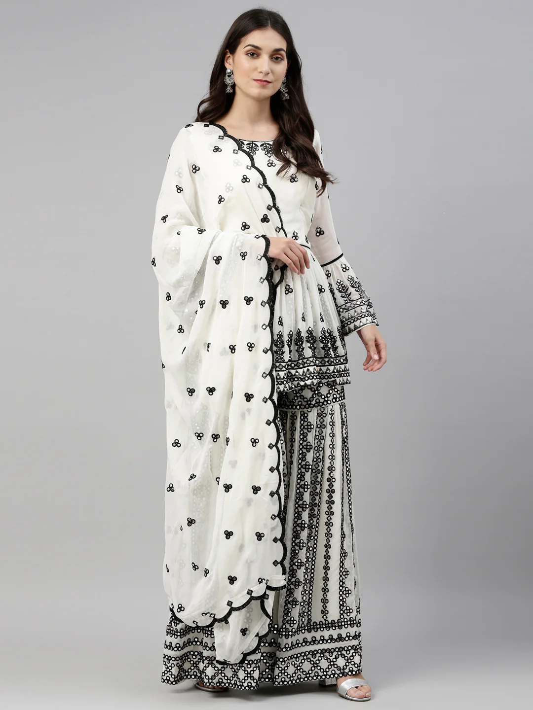 Neerus Cream Color Mercerized Fabric Suit-Short Anarkali - Image 9