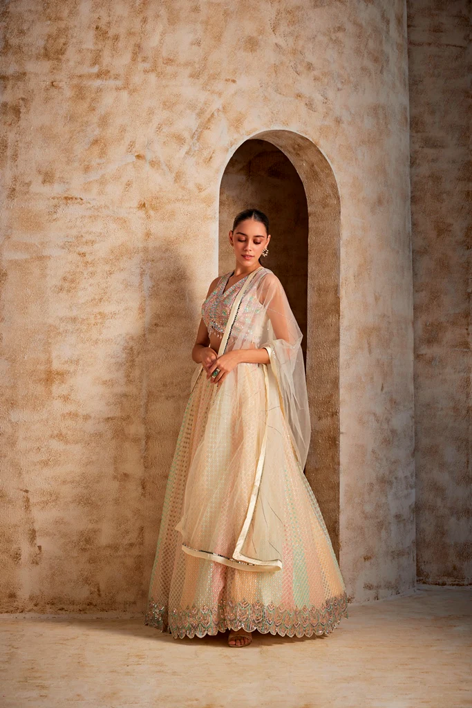 Neerus Cream Color Nett Fabric Ghagra Set - Image 2