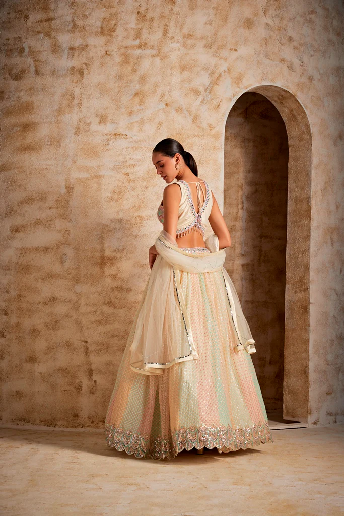Neerus Cream Color Nett Fabric Ghagra Set - Image 4