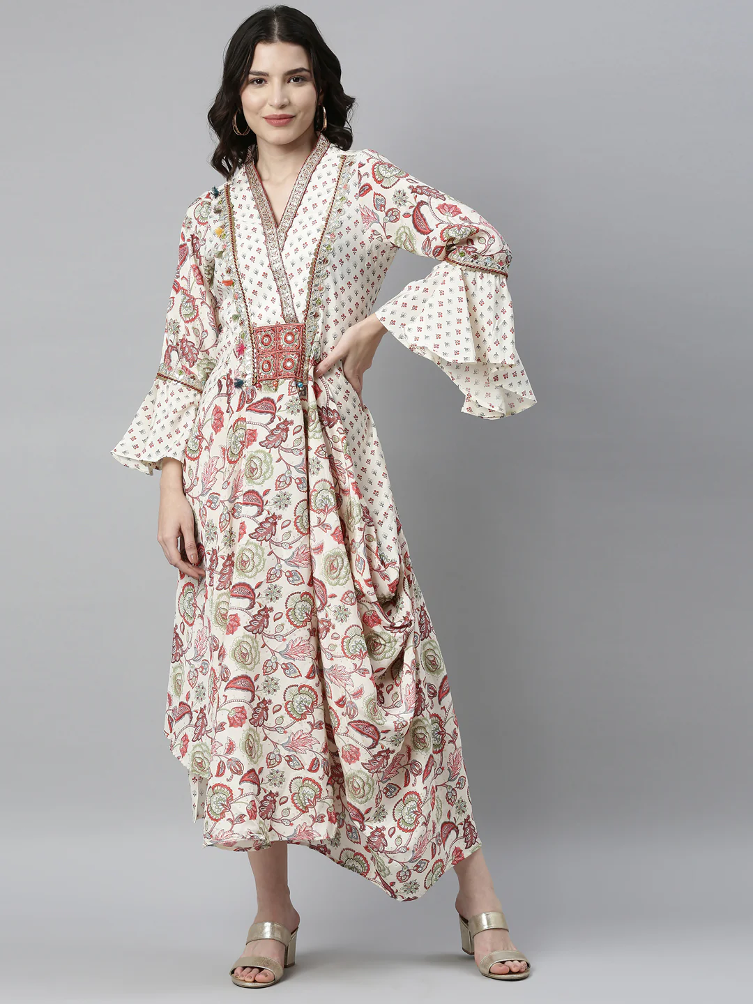 Neerus Cream Color Santoon Fabric Kurta