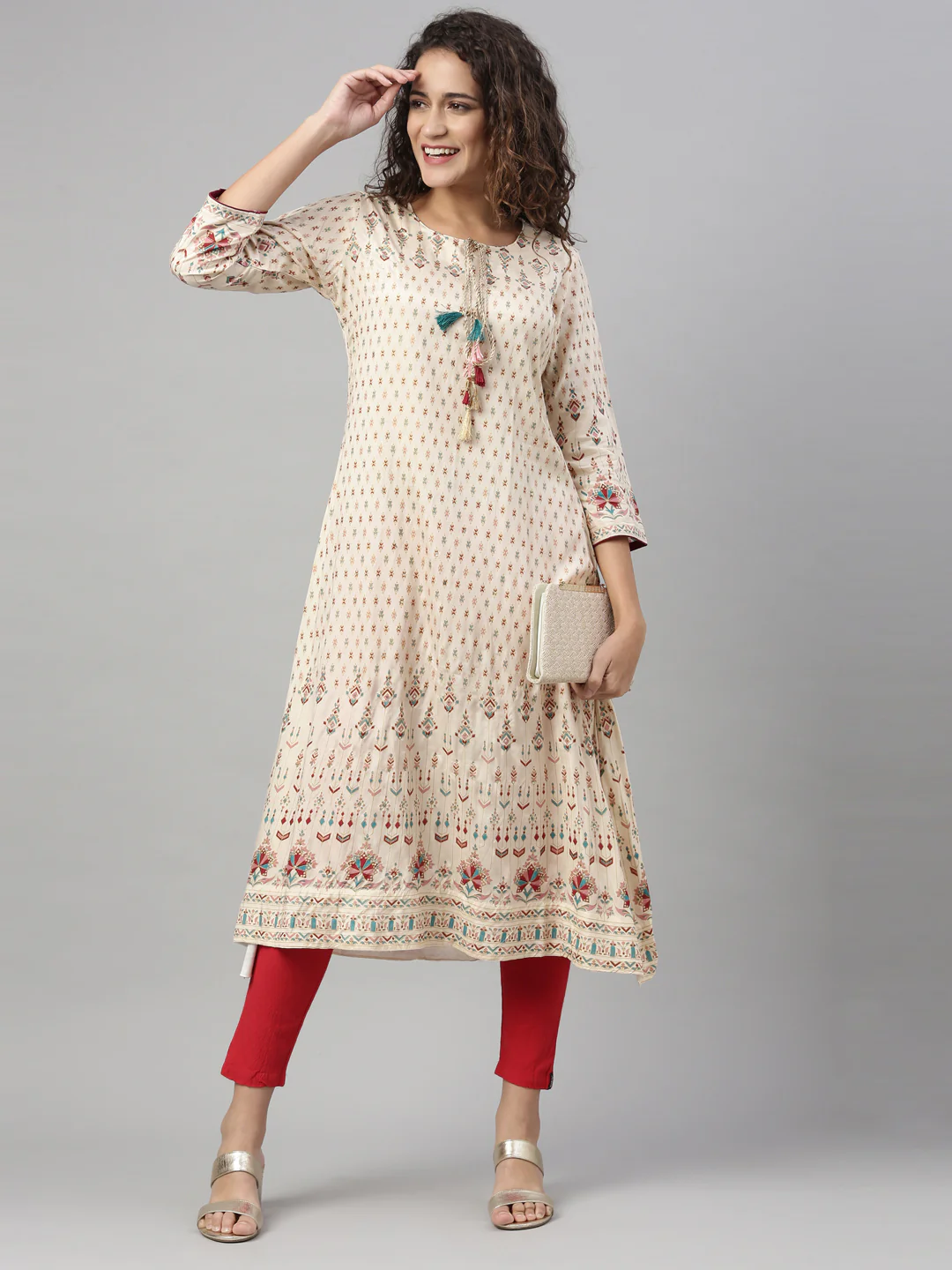 Neerus Cream Color Santoon Fabric Kurta - Image 4