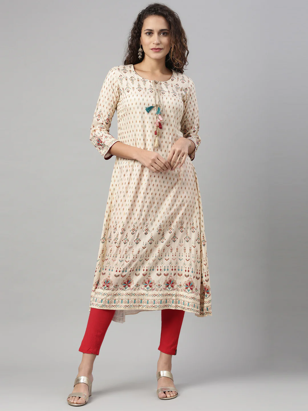 Neerus Cream Color Santoon Fabric Kurta - Image 7