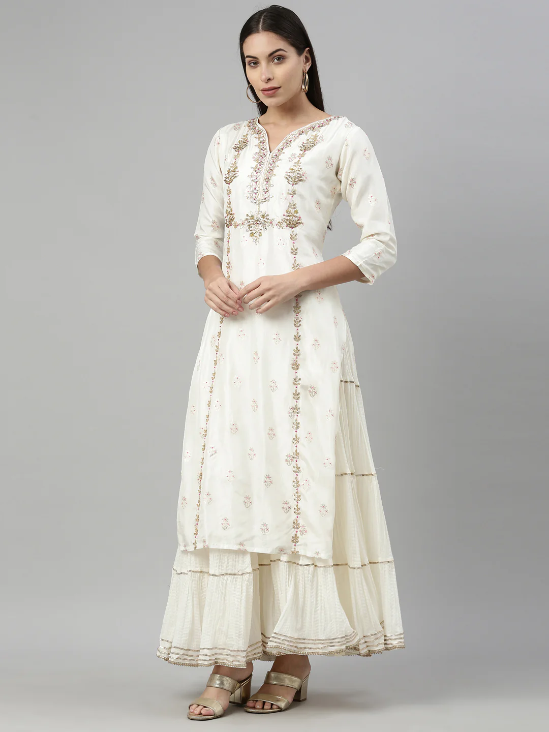Neerus Cream Color Santoon Fabric Kurta With Dupatta - Image 3