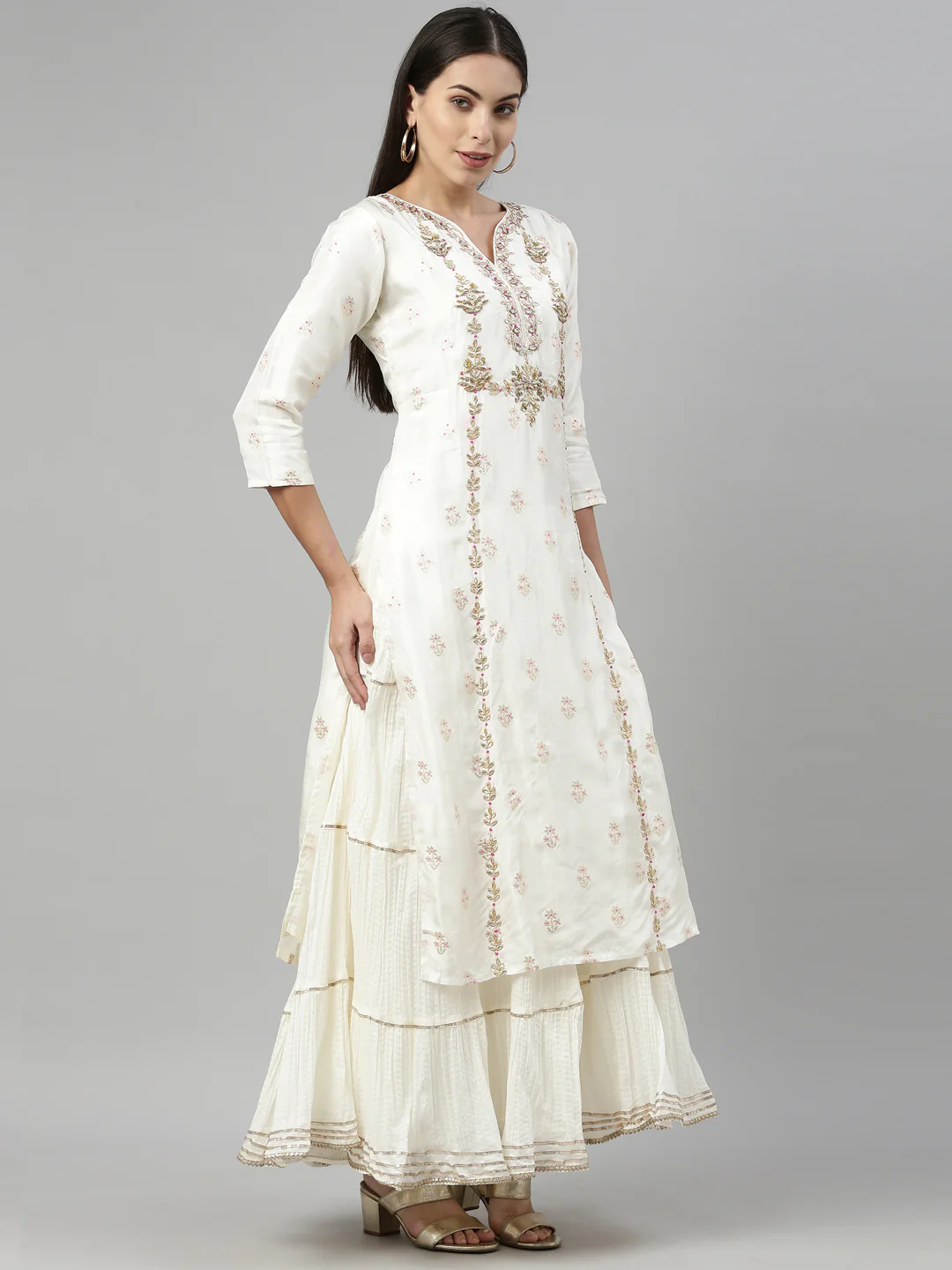 Neerus Cream Color Santoon Fabric Kurta With Dupatta - Image 4