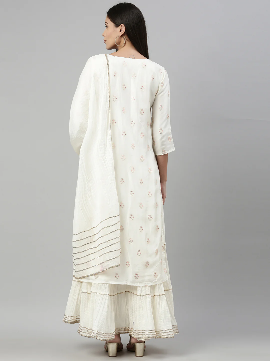 Neerus Cream Color Santoon Fabric Kurta With Dupatta - Image 5