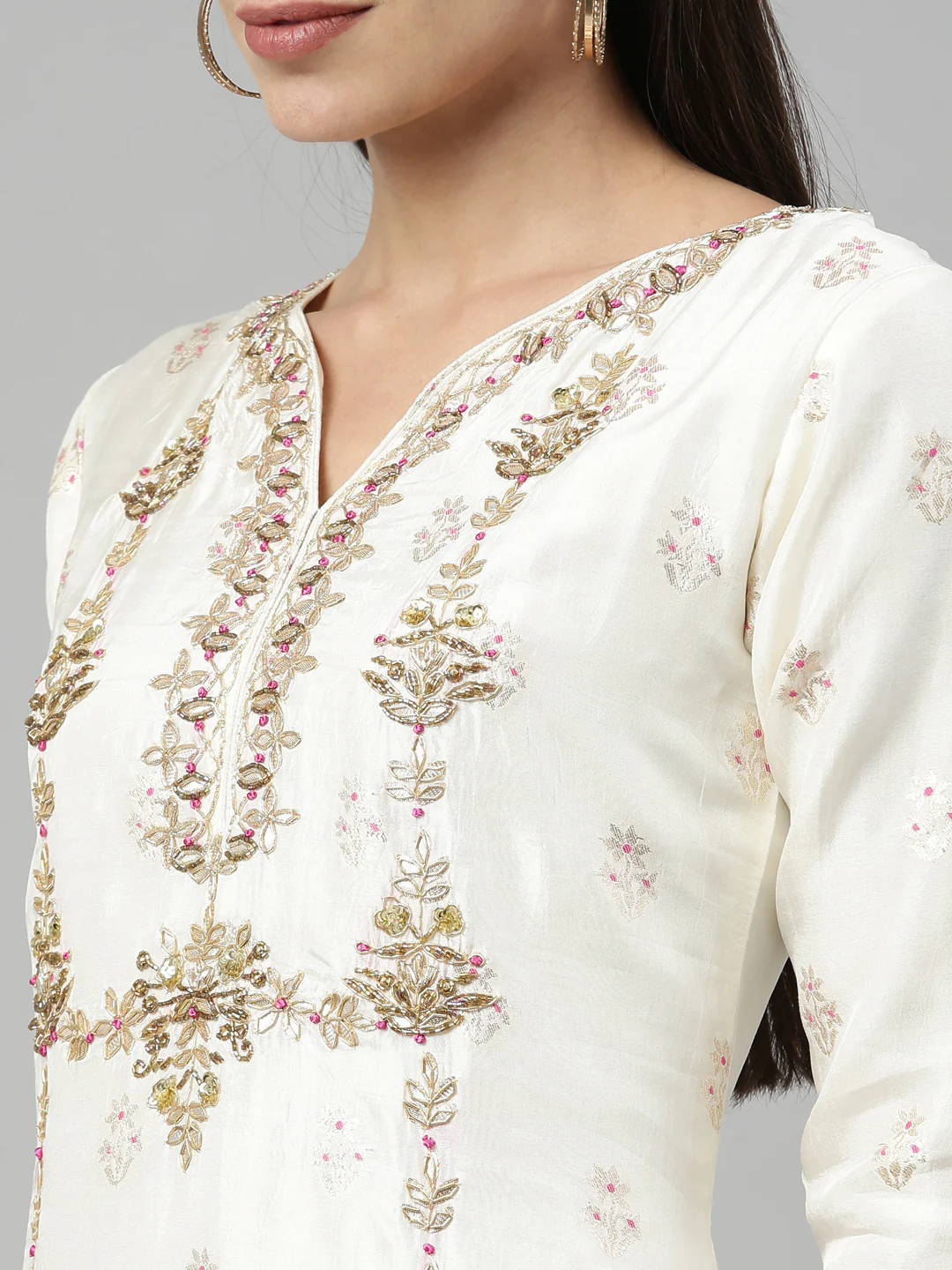 Neerus Cream Color Santoon Fabric Kurta With Dupatta - Image 8