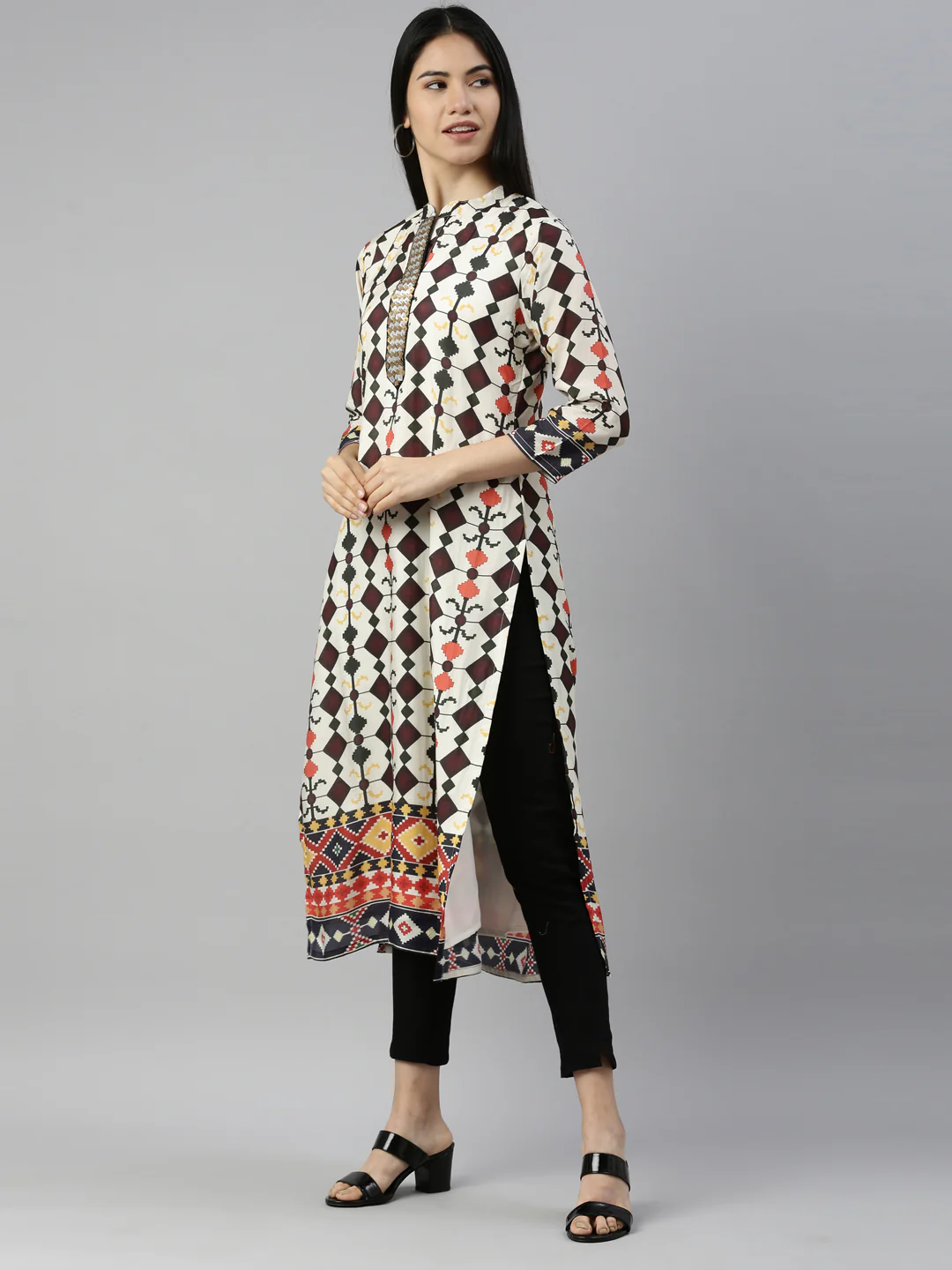 Neerus Cream Color Satin Fabric Kurta - Image 3