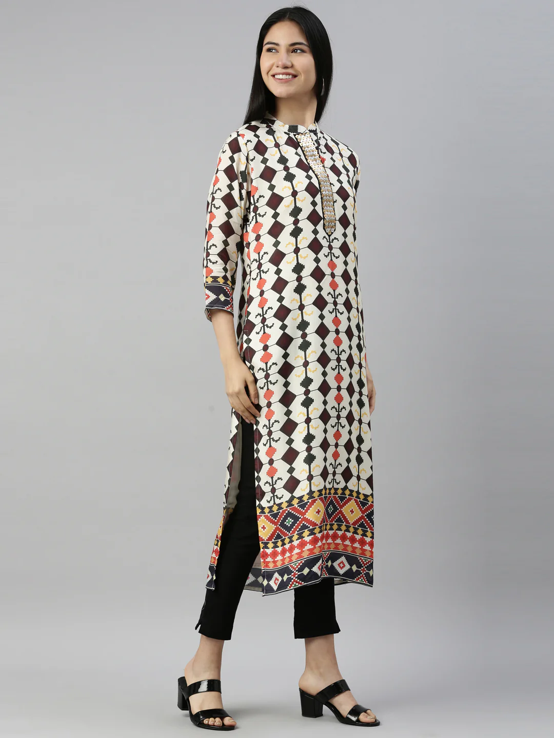 Neerus Cream Color Satin Fabric Kurta - Image 4