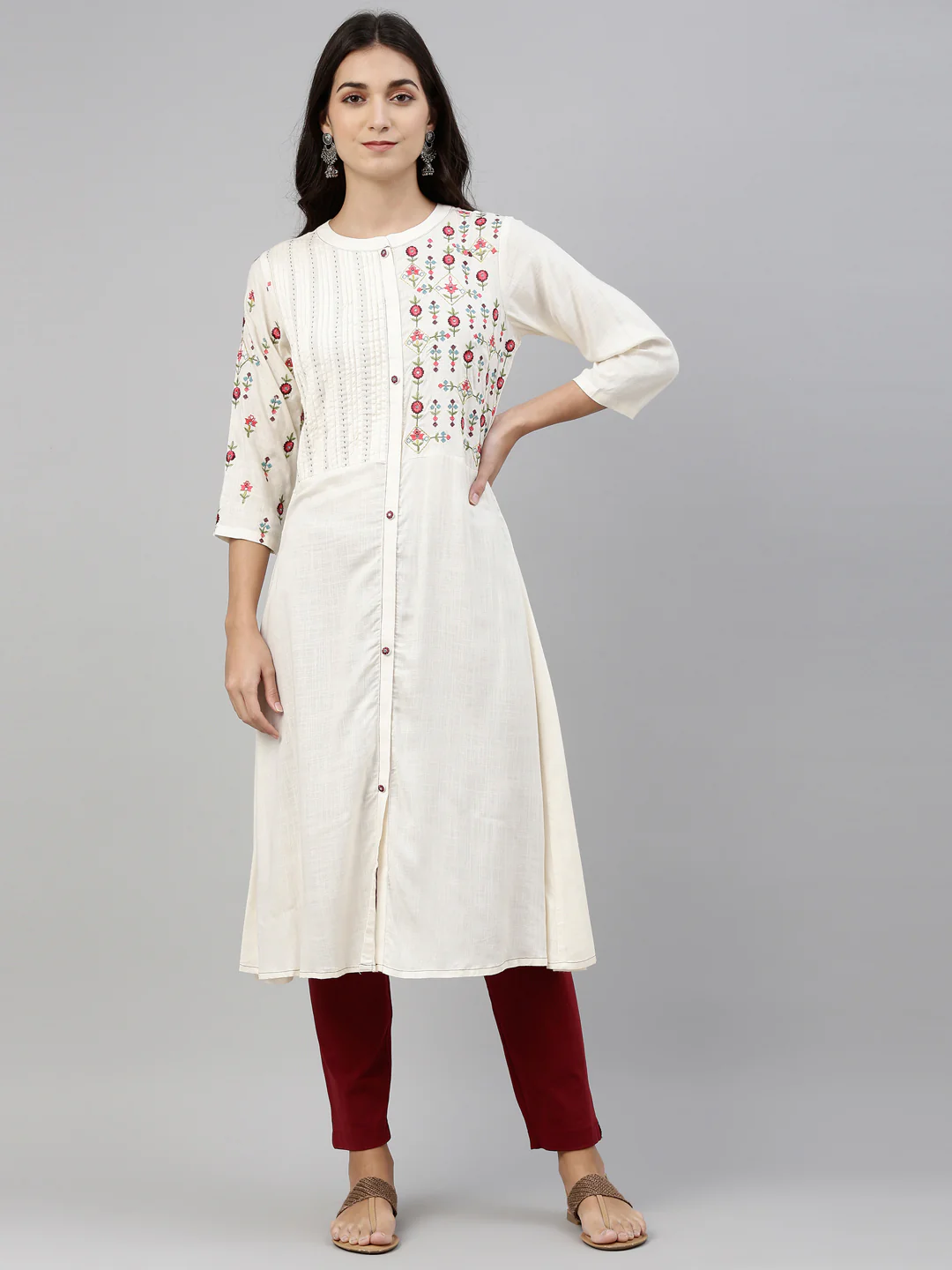 Neerus Cream Color Slub Riyon Fabric Tunic