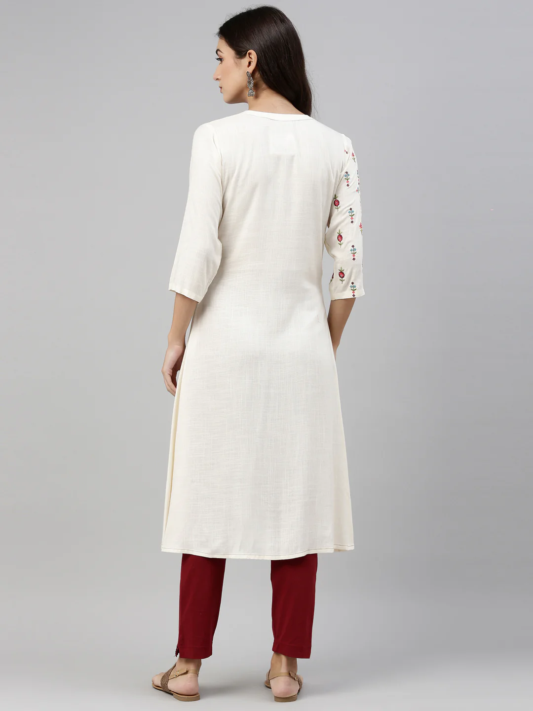 Neerus Cream Color Slub Riyon Fabric Tunic - Image 6