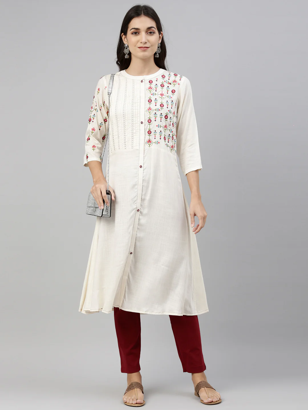 Neerus Cream Color Slub Riyon Fabric Tunic - Image 7