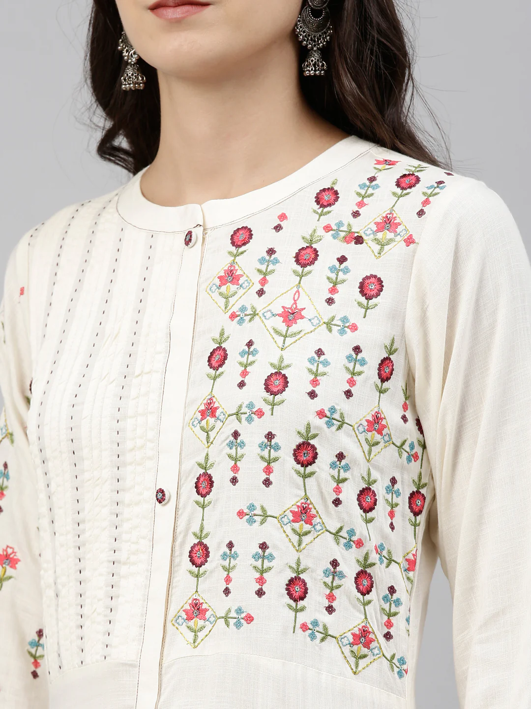 Neerus Cream Color Slub Riyon Fabric Tunic - Image 8