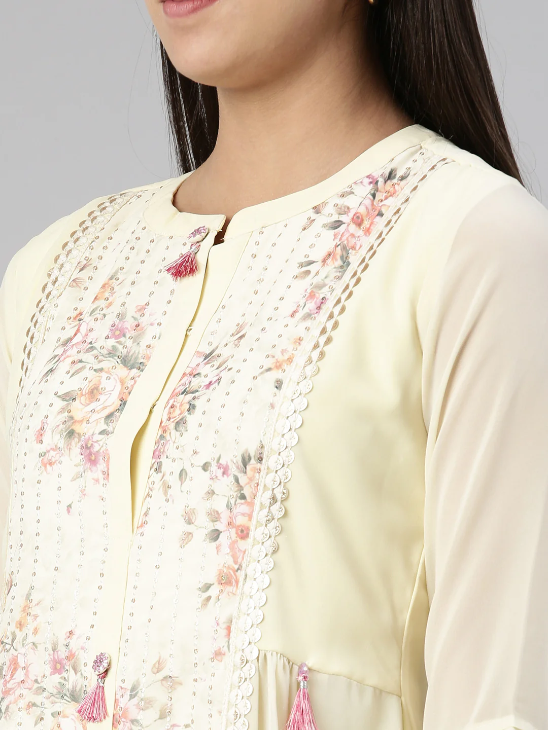 Neerus Cream-Coloured Floral Georgette Ethnic Maxi Maxi Dress - Image 4