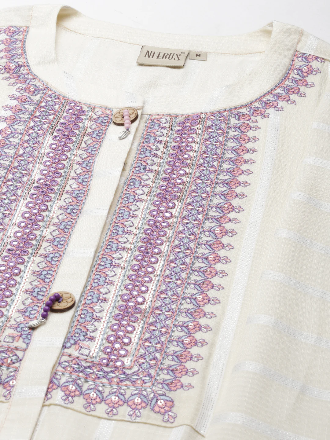 Neerus Cream Curved Embroidered Viscose Rayon Kurta - Image 5