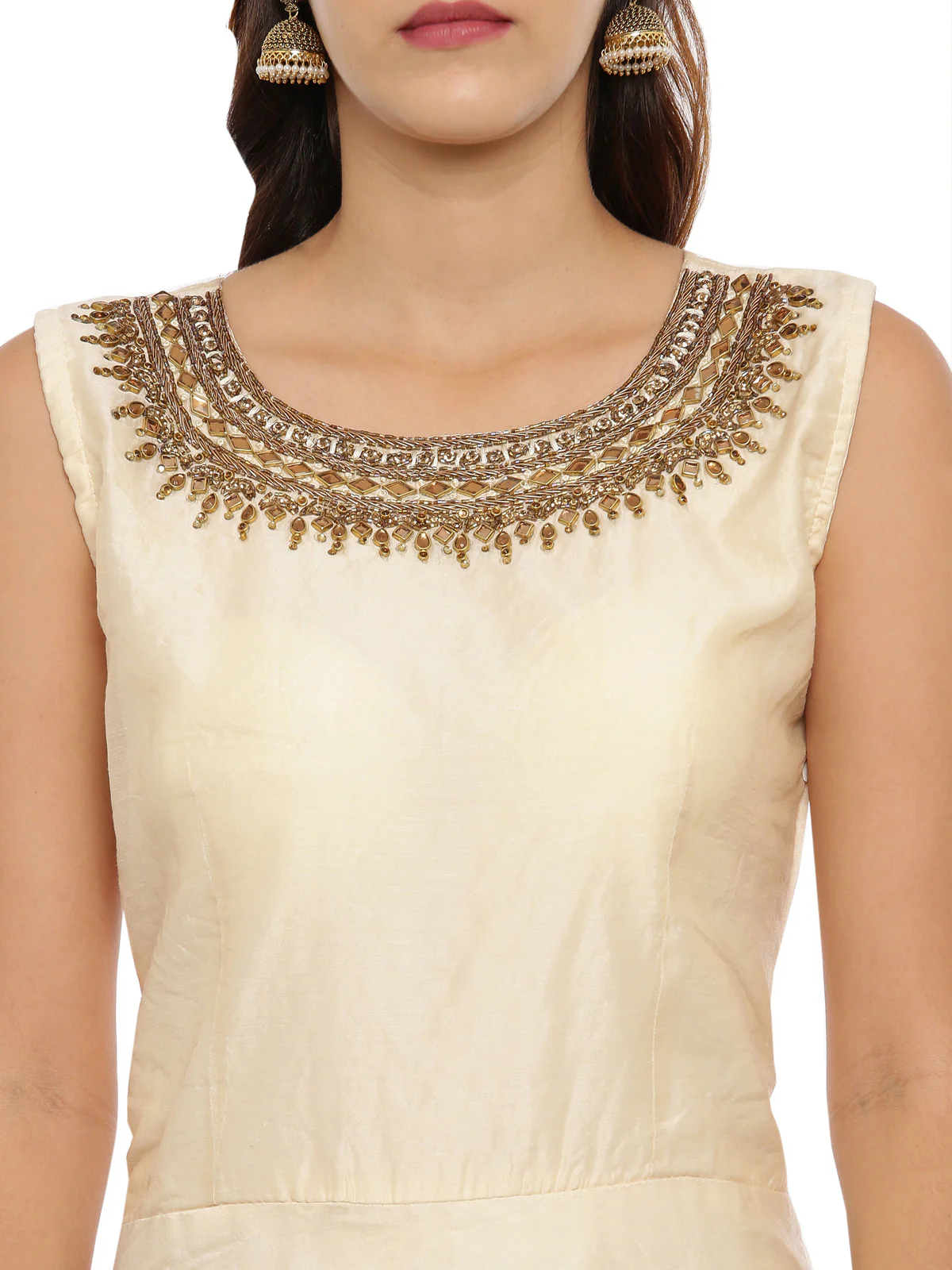 Neerus Cream Embellished Fit & Flare Kurta With Dupatta - Image 2