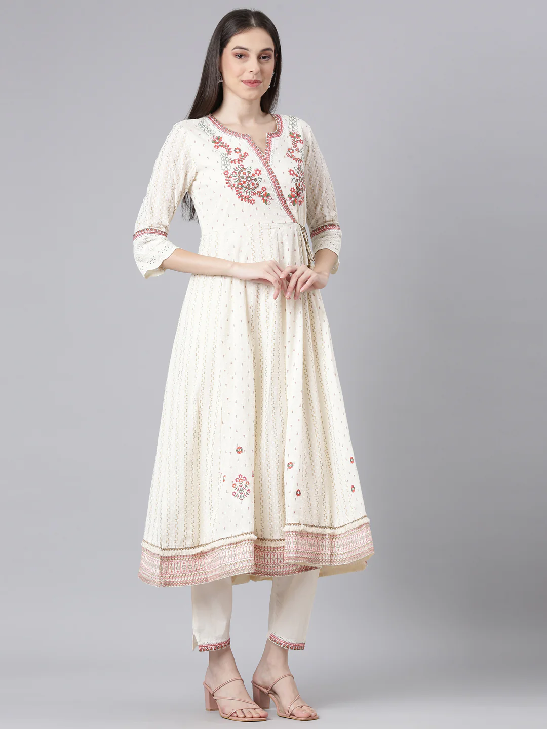 Neerus Cream Embroidered Anarkali Kurta and Trousers With Dupatta - Image 3