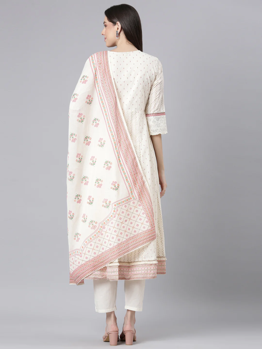 Neerus Cream Embroidered Anarkali Kurta and Trousers With Dupatta - Image 4