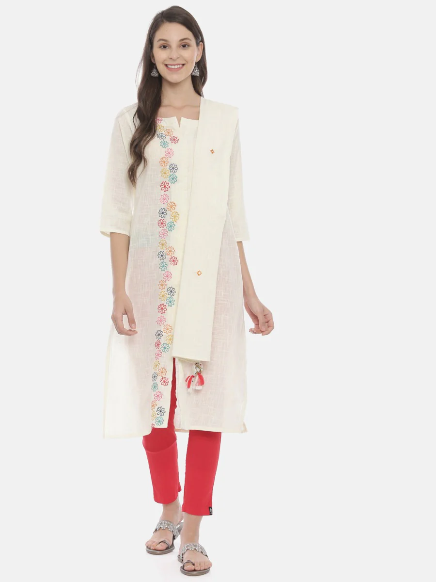 Neerus Cream Embroidered Round Neck Kurta