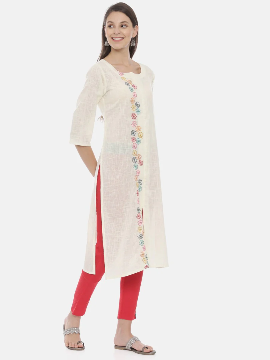 Neerus Cream Embroidered Round Neck Kurta - Image 4