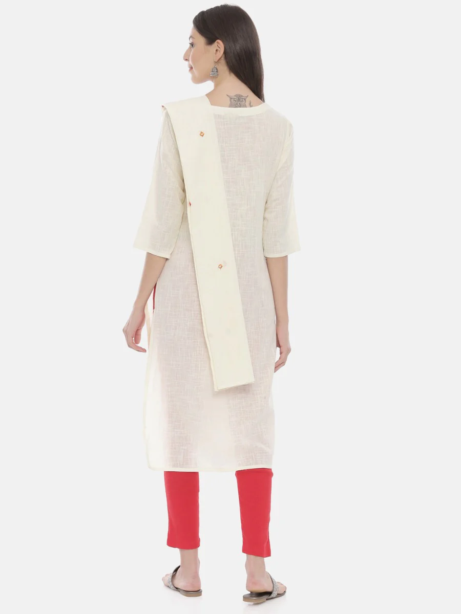 Neerus Cream Embroidered Round Neck Kurta - Image 5